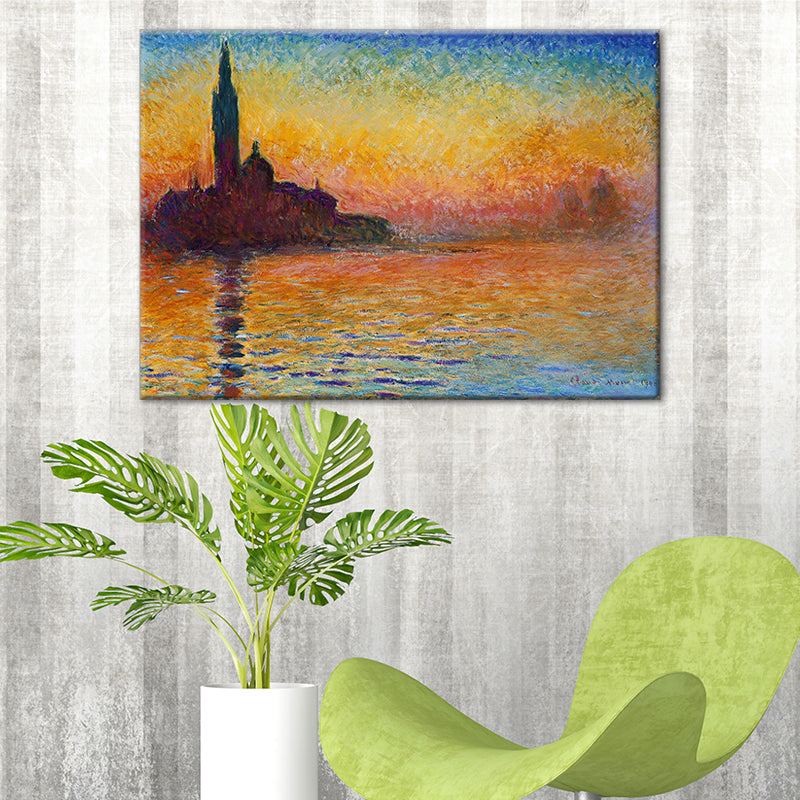 Vivolux | Texturiertes Orange Eingewickeltes Canvas Moderne Stadt am Fluss Sonnenuntergang Landschaft Wandkunst