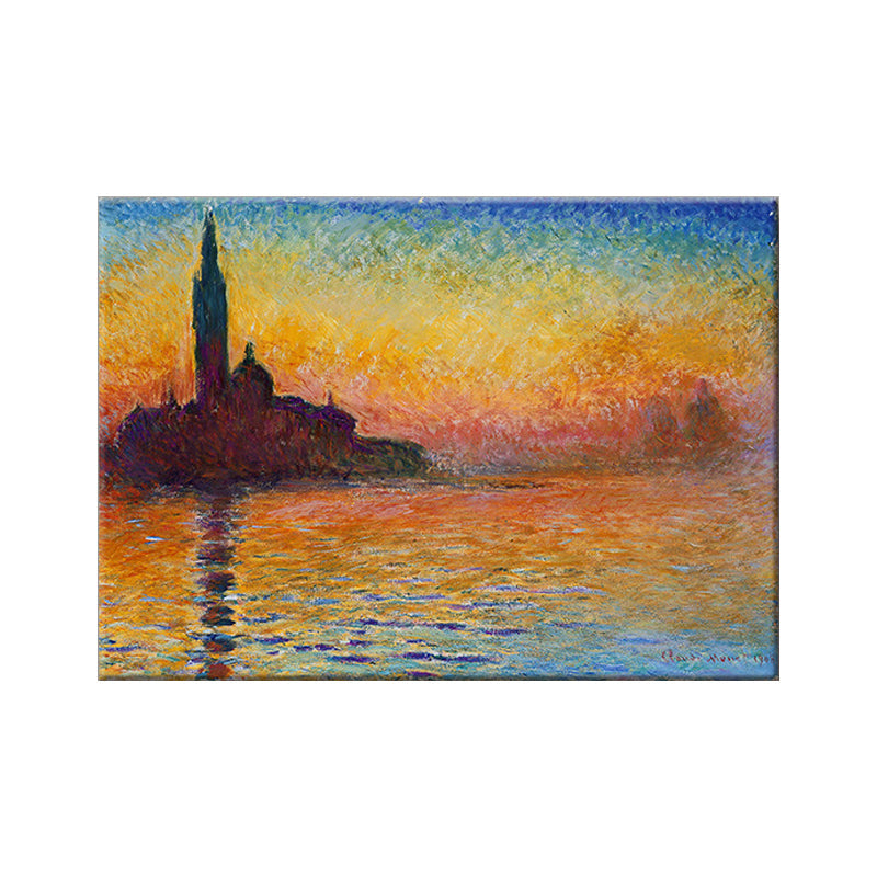 Vivolux | Texturiertes Orange Eingewickeltes Canvas Moderne Stadt am Fluss Sonnenuntergang Landschaft Wandkunst