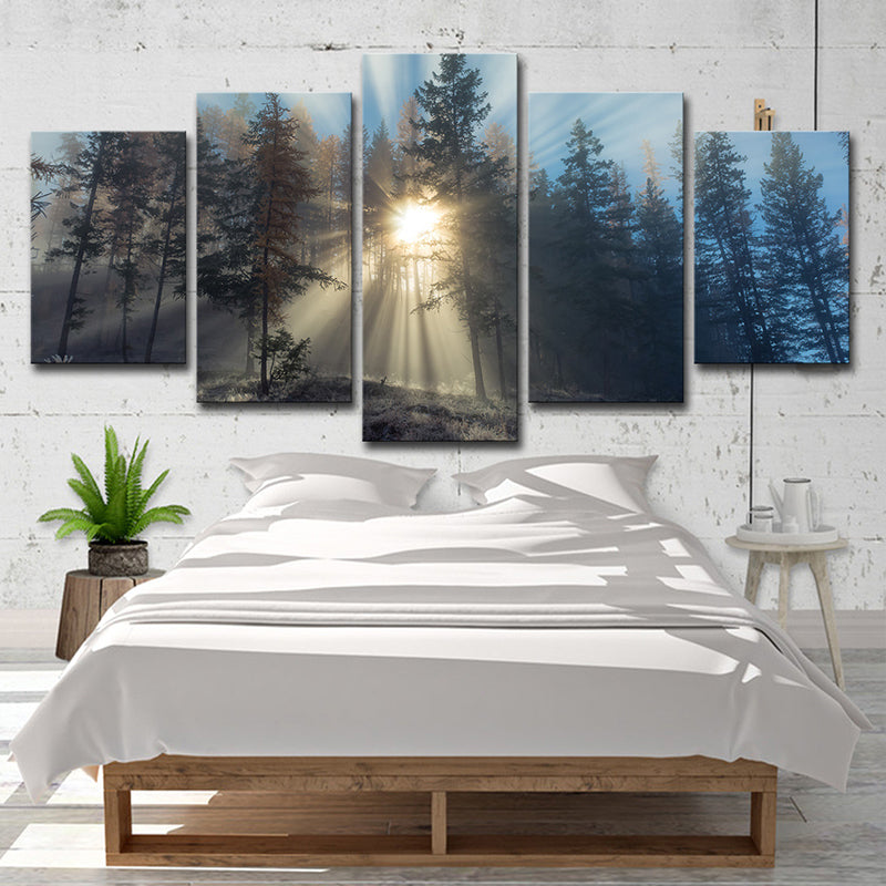 Vivolux | Zonneschijn in Mistig Bos Kunstprint Blauw Modernistische Wanddecoratie voor Slaapkamer, Meerdere Stukken