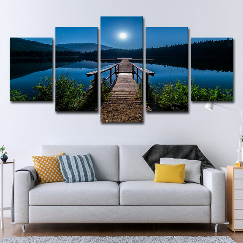 Vivolux | Tegenwoordige Canvasprint Blauwe Brug naar de Rivier bij Volle Maan Nacht Wanddecoratie