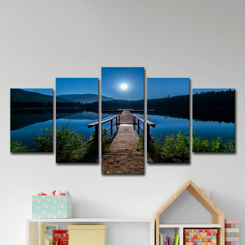 Vivolux | Tegenwoordige Canvasprint Blauwe Brug naar de Rivier bij Volle Maan Nacht Wanddecoratie