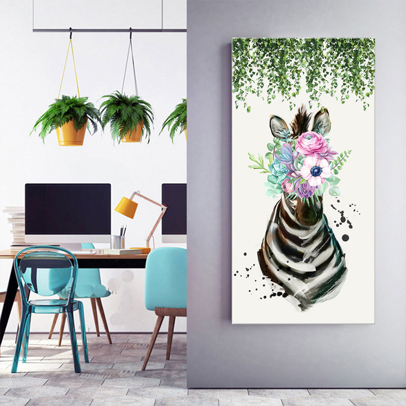 Vivolux | Tier mit Blumen Kopf Malerei Moderne Stilvolle Texturierte Mädchen Schlafzimmer Leinwand Wandkunst