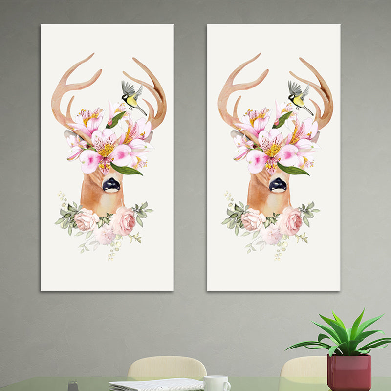 Vivolux | Tier mit Blumen Kopf Malerei Moderne Stilvolle Texturierte Mädchen Schlafzimmer Leinwand Wandkunst