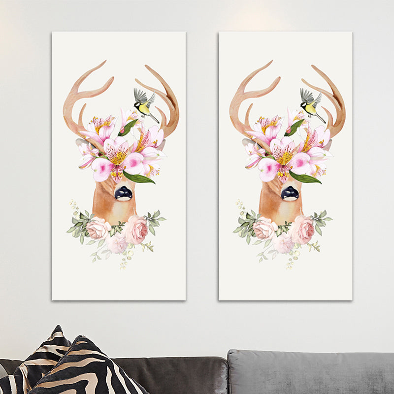 Vivolux | Tier mit Blumen Kopf Malerei Moderne Stilvolle Texturierte Mädchen Schlafzimmer Leinwand Wandkunst