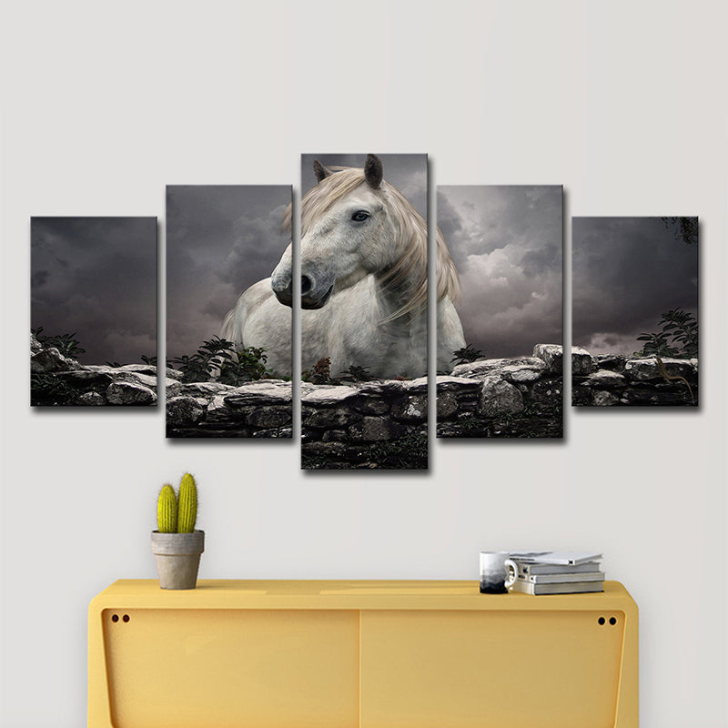 Vivolux | Schwarze moderne Leinwand Wandkunst Pferd nach Ziegel mit dunklem Himmel Wanddekor für das Wohnzimmer