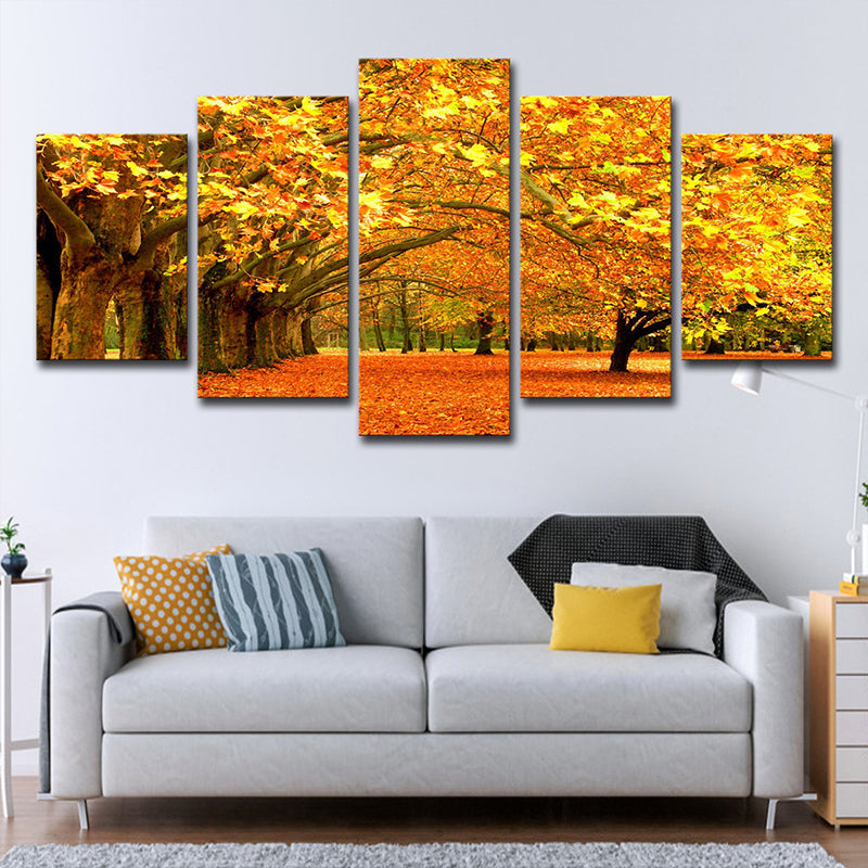 Vivolux | Oranje Herfstlandschap Muurkunst Esdoornboomlaan Moderne Meerdere Stukken Canvasprint
