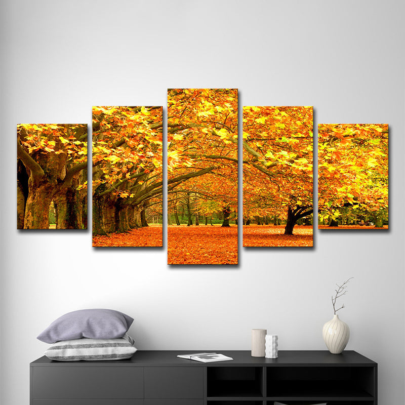 Vivolux | Oranje Herfstlandschap Muurkunst Esdoornboomlaan Moderne Meerdere Stukken Canvasprint