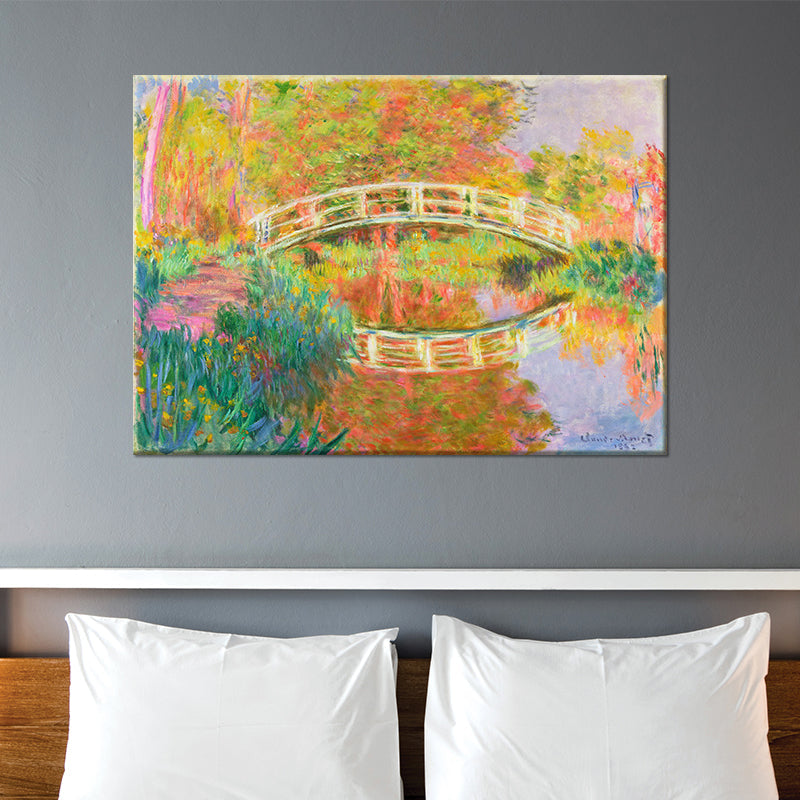 Vivolux | Orange moderne Leinwand wandkunstwerk Bögenbrücke über einen ruhigen See Gemälde für Hotel