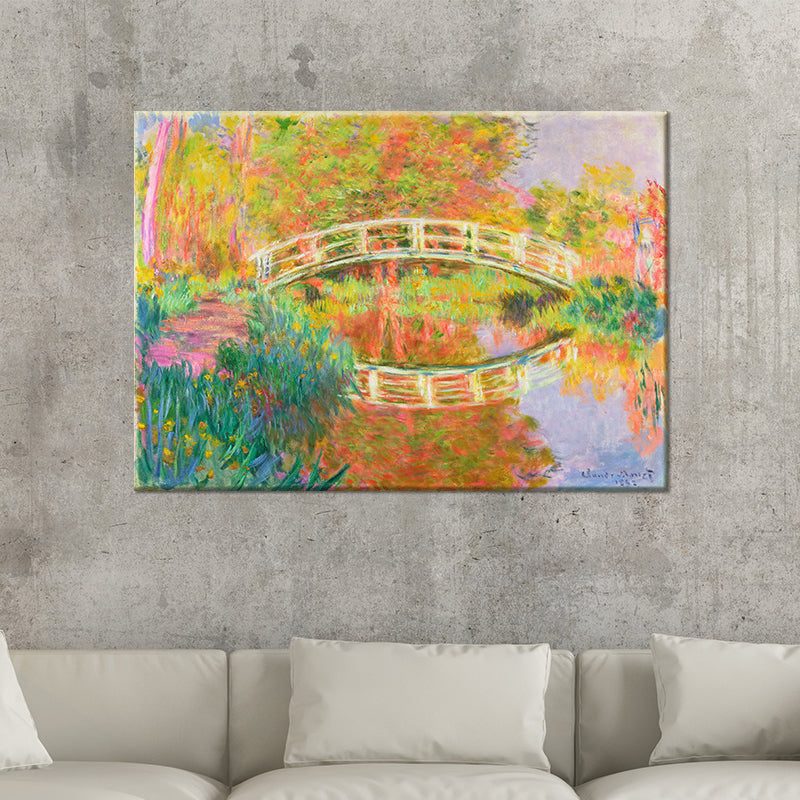 Vivolux | Orange moderne Leinwand wandkunstwerk Bögenbrücke über einen ruhigen See Gemälde für Hotel