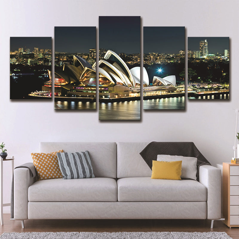Vivolux | Sydney Opera Theater Wandkunst Global Inspirierte Leuchtende Nachtstadt Leinwand in Schwarz