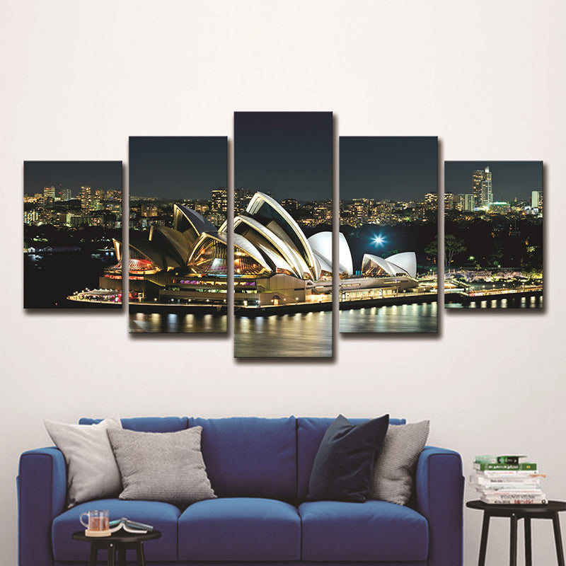 Vivolux | Sydney Opera Theater Wandkunst Global Inspirierte Leuchtende Nachtstadt Leinwand in Schwarz