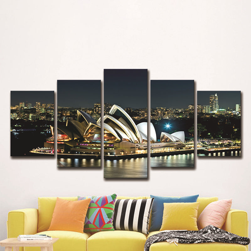 Vivolux | Sydney Opera Theater Wandkunst Global Inspirierte Leuchtende Nachtstadt Leinwand in Schwarz
