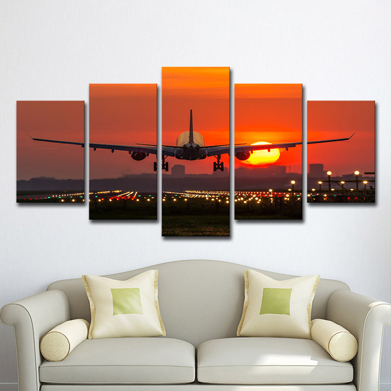 Vivolux | Vliegtuig met Grote Maan Kunstafdruk Oranje Moderne Stijl Wanddecoratie voor Woonkamer, Meerdere Stukken