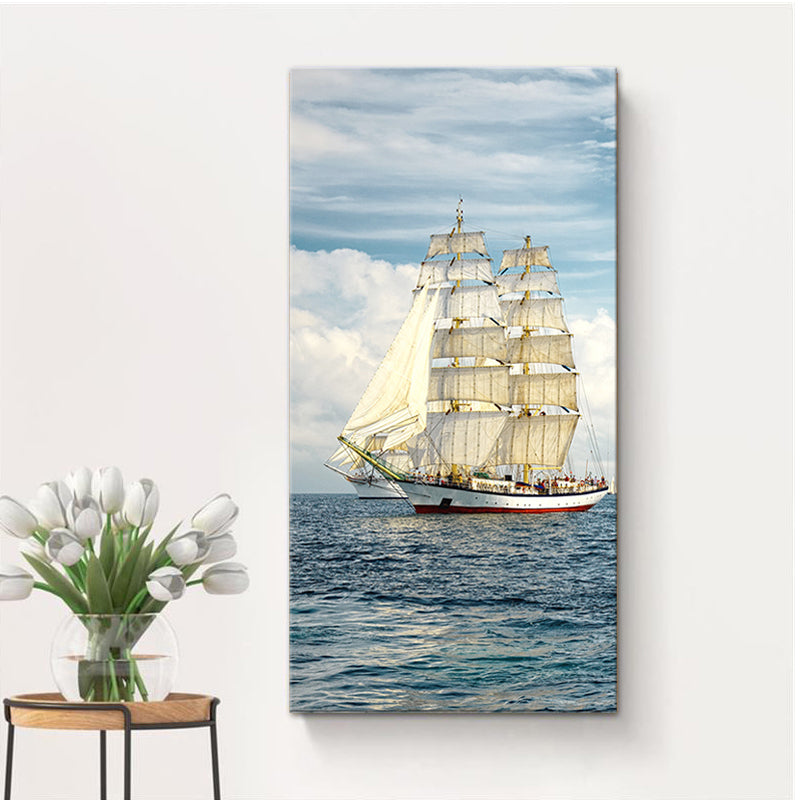 Vivolux | Tropische Leinwand Wandkunst Blau Segelschiff auf dem Ozean Wanddekor für das Wohnzimmer