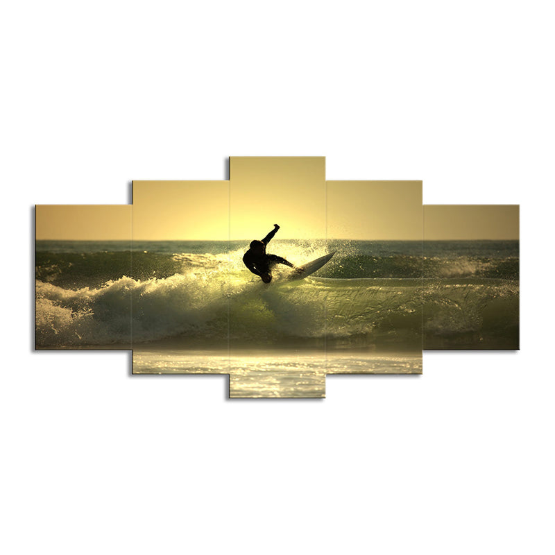 Vivolux | Surfen bei Dämmerung Wandkunst Dekor zeitgenössisches Mehrteilige Wohnzimmer Leinwand Druck in Gelb