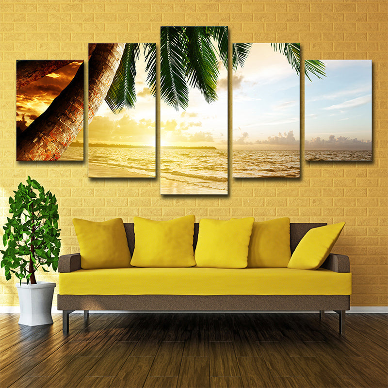 Vivolux | Tropische Zonsondergang Zeegezicht Wanddecoratie Geel en Groen Meerdere Stukken Canvas voor Woonkamer