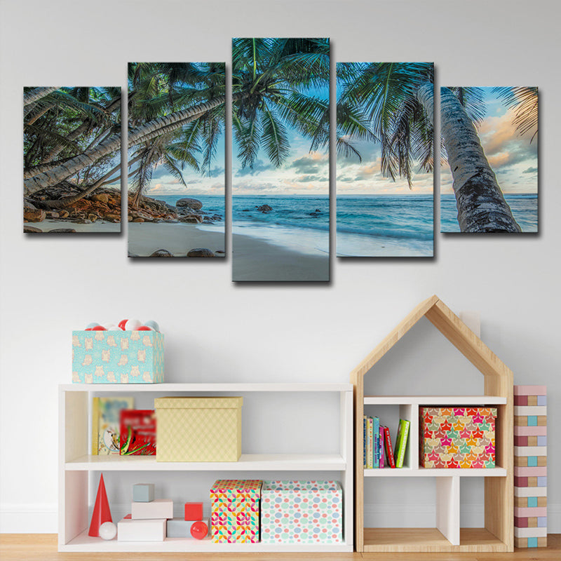 Vivolux | Tropix Strand Kokosnussbäume Leinwand Wandkunst Blau Mehrere Stücke Wanddekoration für Sitzraum