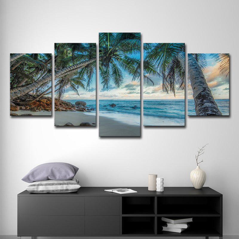 Vivolux | Tropix Strand Kokosnussbäume Leinwand Wandkunst Blau Mehrere Stücke Wanddekoration für Sitzraum