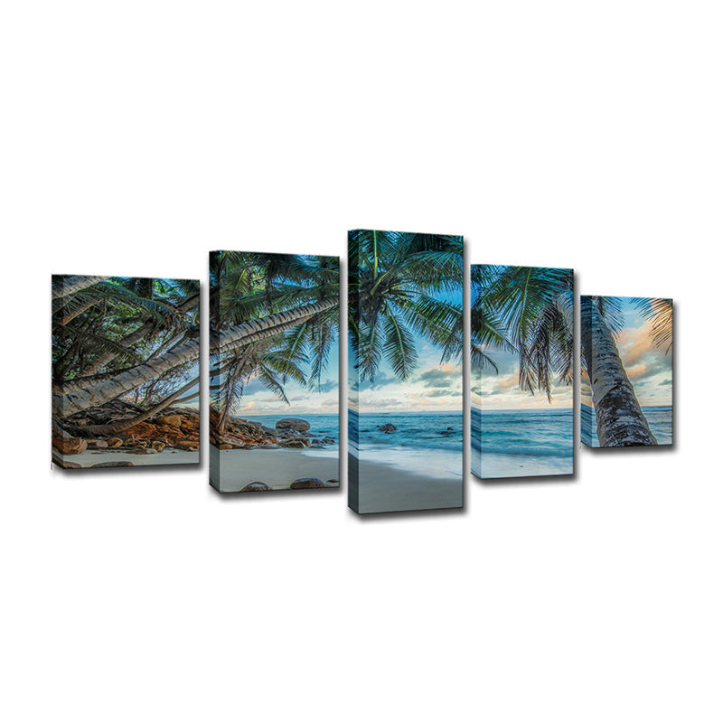 Vivolux | Tropix Strand Kokosnussbäume Leinwand Wandkunst Blau Mehrere Stücke Wanddekoration für Sitzraum