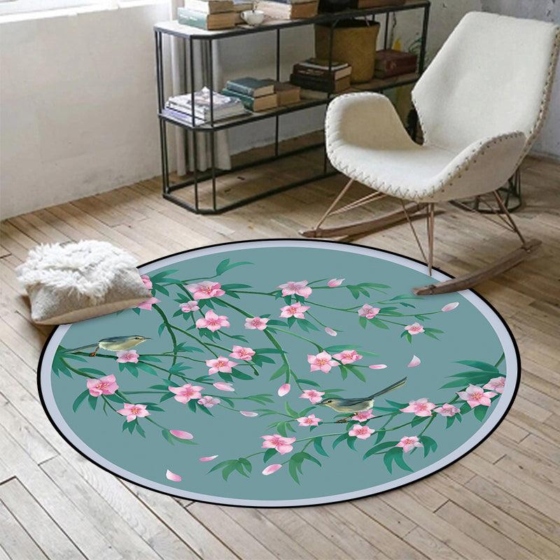 Vivolux | Retro Floral Pattern Teppich mit Vogel und Blatt Blau Orientalischer Teppich Polyester Waschbar Rutschfeste Unterlage Teppich für Wohnzimmer