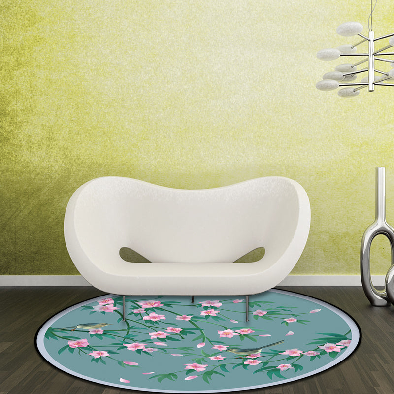 Vivolux | Retro Floral Pattern Teppich mit Vogel und Blatt Blau Orientalischer Teppich Polyester Waschbar Rutschfeste Unterlage Teppich für Wohnzimmer