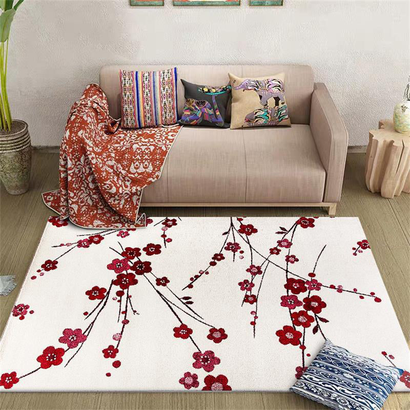 Vivolux | Vintage Floral Pattern Teppich Beige und Rot Polyester Teppich Maschinenwaschbar Rutschfester Teppich für Wohnzimmer