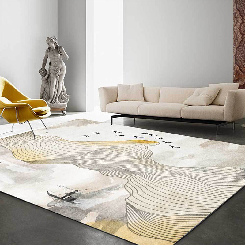 Vivolux | Vintage Swirl Stripe Pattern Teppich mit Vogel und Charakter Gelber Polyester Teppich Maschinenwaschbar Rutschfester Bereichsteppich für Schlafzimmer