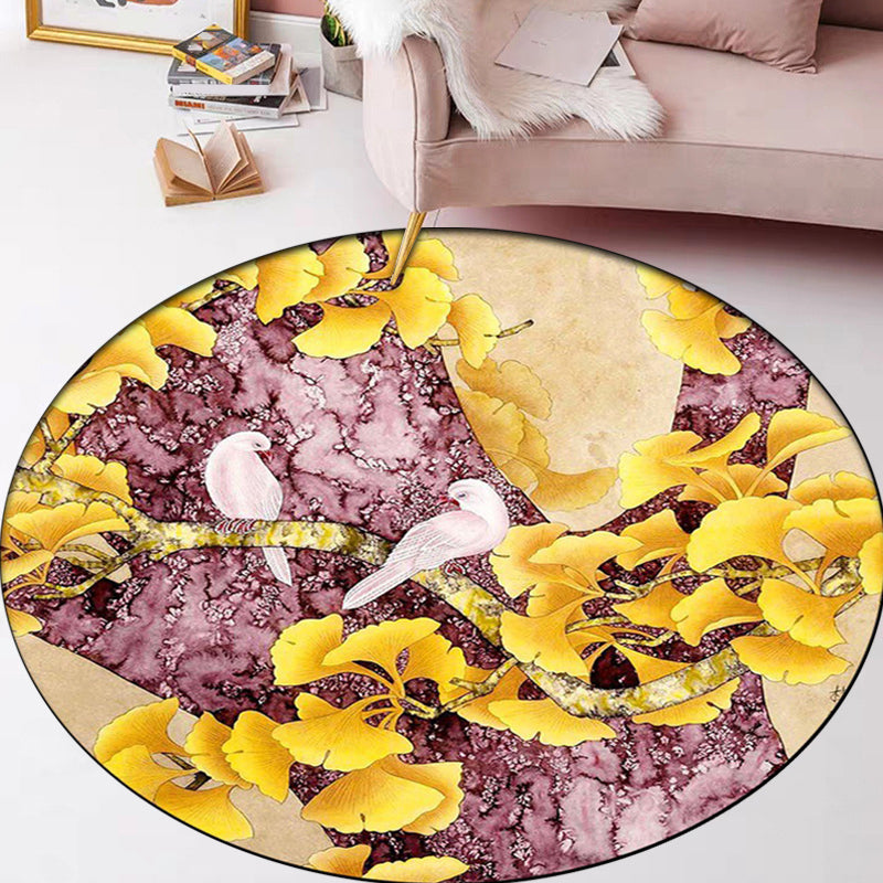 Vivolux | Retro apricot bladpatroon tapijt met vogel geel en roze traditioneel tapijt polyester wasbaar antislip achterkant tapijt voor slaapkamer