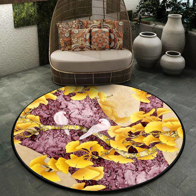 Vivolux | Retro apricot bladpatroon tapijt met vogel geel en roze traditioneel tapijt polyester wasbaar antislip achterkant tapijt voor slaapkamer