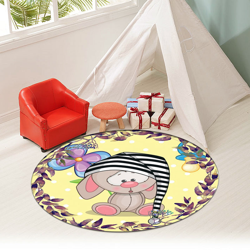 Vivolux | Süßer Cartoon-Maus-Musterteppich mit floralen und blattgelben Kinderteppich aus Polyester waschbar rutschfester Bereichsteppich für das Kinderzimmer