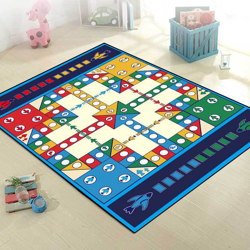 Vivolux | Uniek Kinderen Tapijt in Blauw Educatieve Ludo Patroon Tapijt Polyester Vlekbestendige Vloerkleed voor Kinderdagverblijf