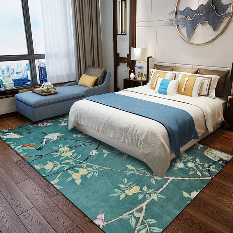 Vivolux | Retro Bladerenpatroon Vloerkleed met Bloem en Vogel Groene Oosterse Vloerkleed Polyester Wasbaar Antislip Achterkant Tapijt voor Slaapkamer