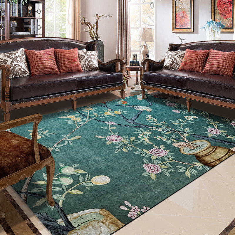 Vivolux | Retro Bladerenpatroon Vloerkleed met Bloem en Vogel Groene Oosterse Vloerkleed Polyester Wasbaar Antislip Achterkant Tapijt voor Slaapkamer