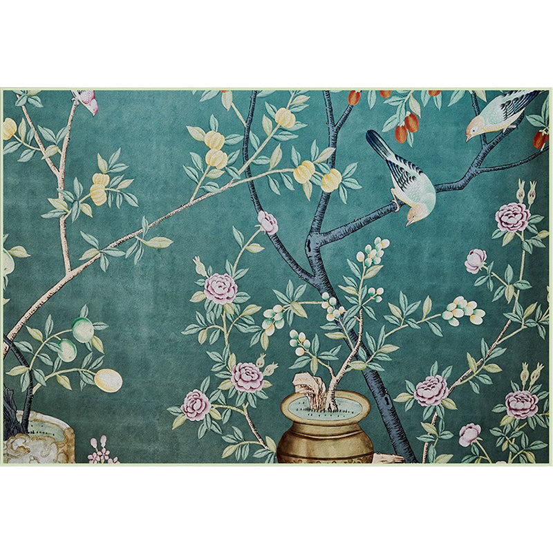 Vivolux | Retro Bladerenpatroon Vloerkleed met Bloem en Vogel Groene Oosterse Vloerkleed Polyester Wasbaar Antislip Achterkant Tapijt voor Slaapkamer