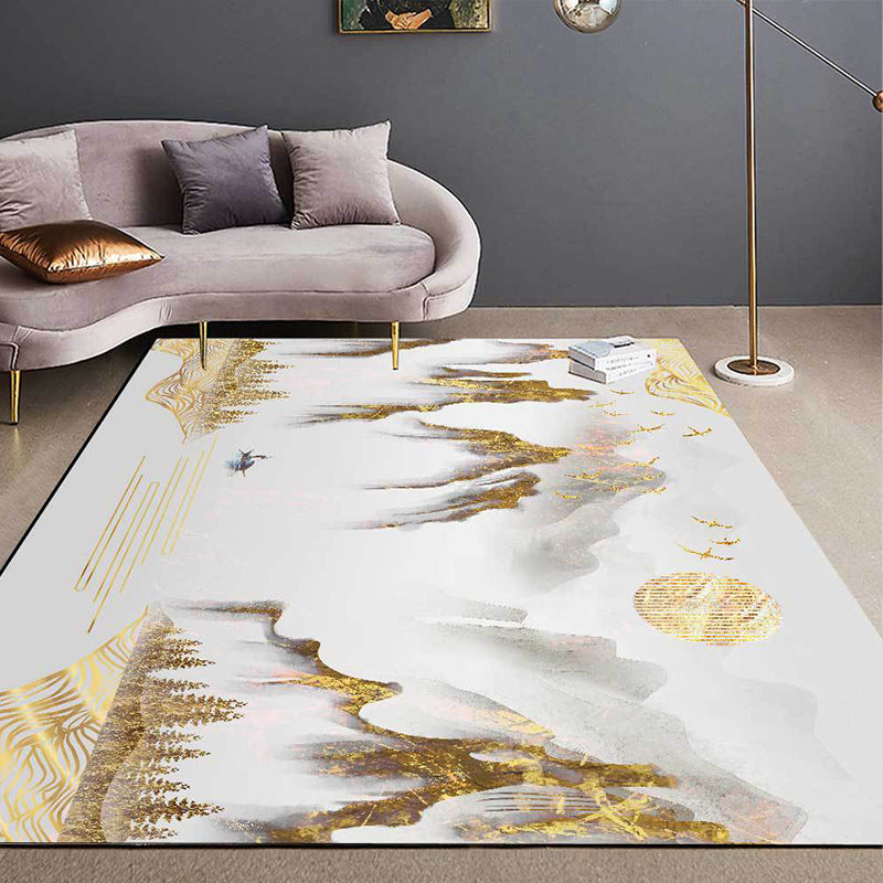 Vivolux | Retro Bergmuster Teppich mit Charakter und Vogel Goldener Orientalischer Teppich Polyester Waschbar Rutschfeste Matte für Wohnzimmer