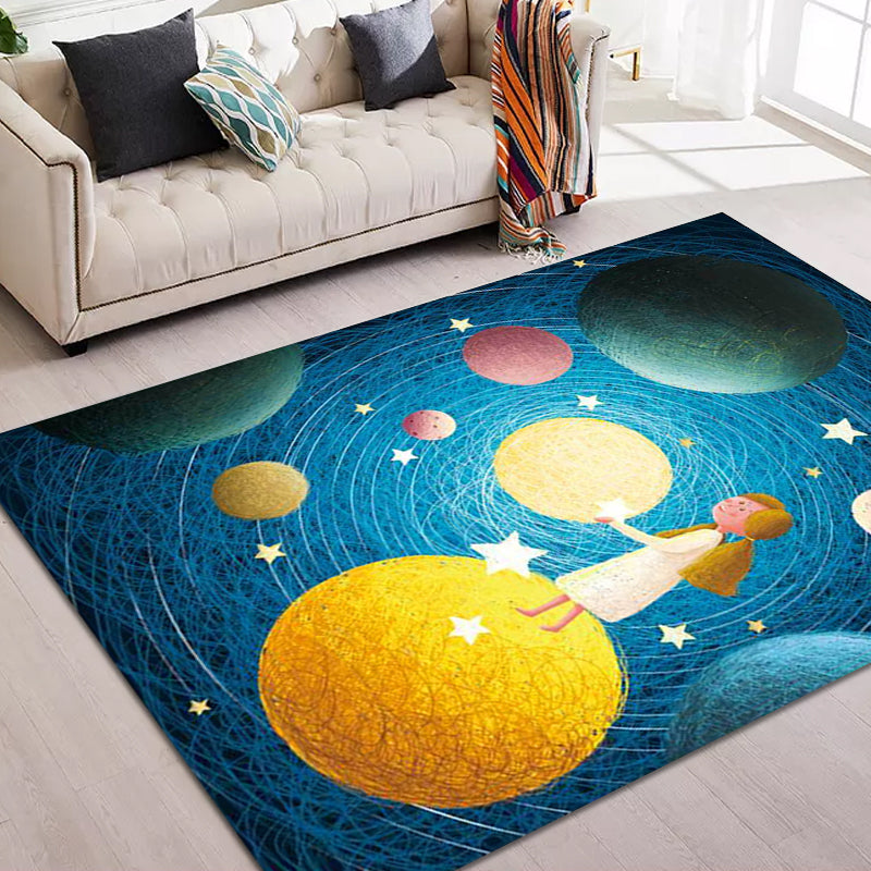 Vivolux | Schöner Kinderteppich in Blau mit Weltraumplaneten-Muster Teppich Polyester Rutschfester Waschbarer Teppich für das Kinderzimmer