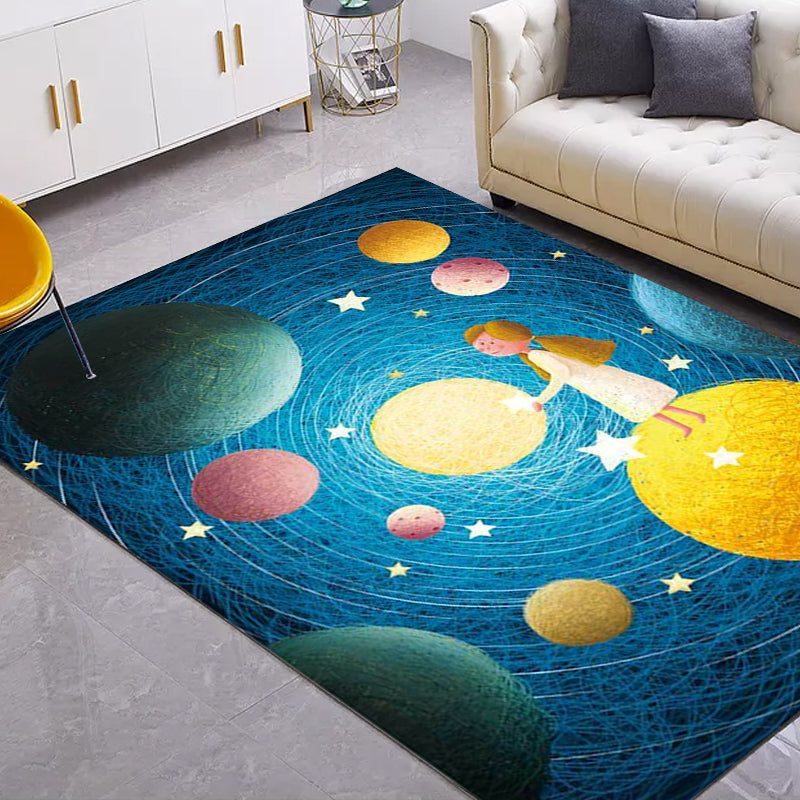Vivolux | Schöner Kinderteppich in Blau mit Weltraumplaneten-Muster Teppich Polyester Rutschfester Waschbarer Teppich für das Kinderzimmer