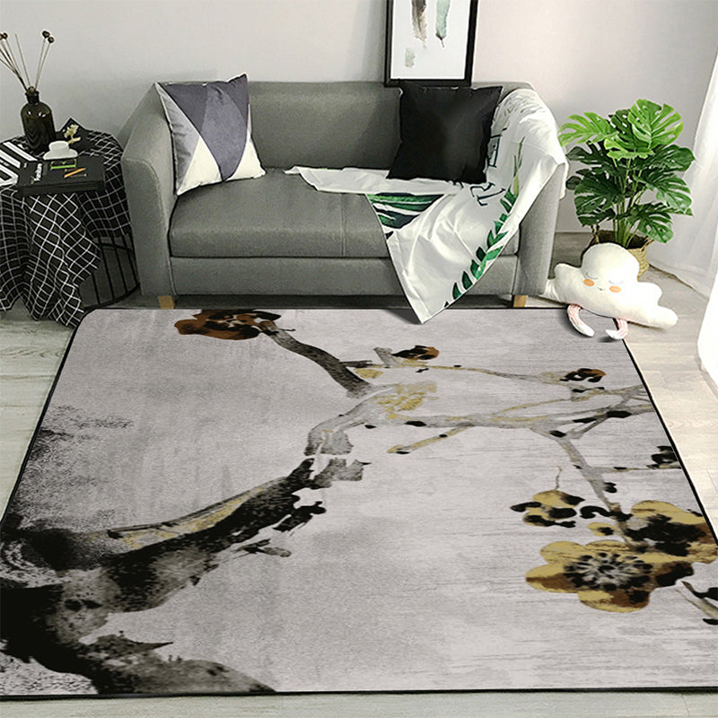 Vivolux | Retro Ink Waschmalerei Teppich mit Floral Khaki Oriental Teppich Polyester Waschbar Rutschfeste Unterlage Teppich für Schlafzimmer
