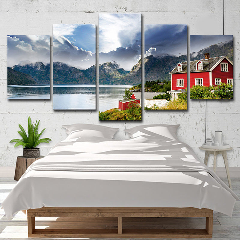 Vivolux | Norwegen Bergsee Landschaft Leinwanddruck Rote moderne Wandkunst für Schlafzimmer