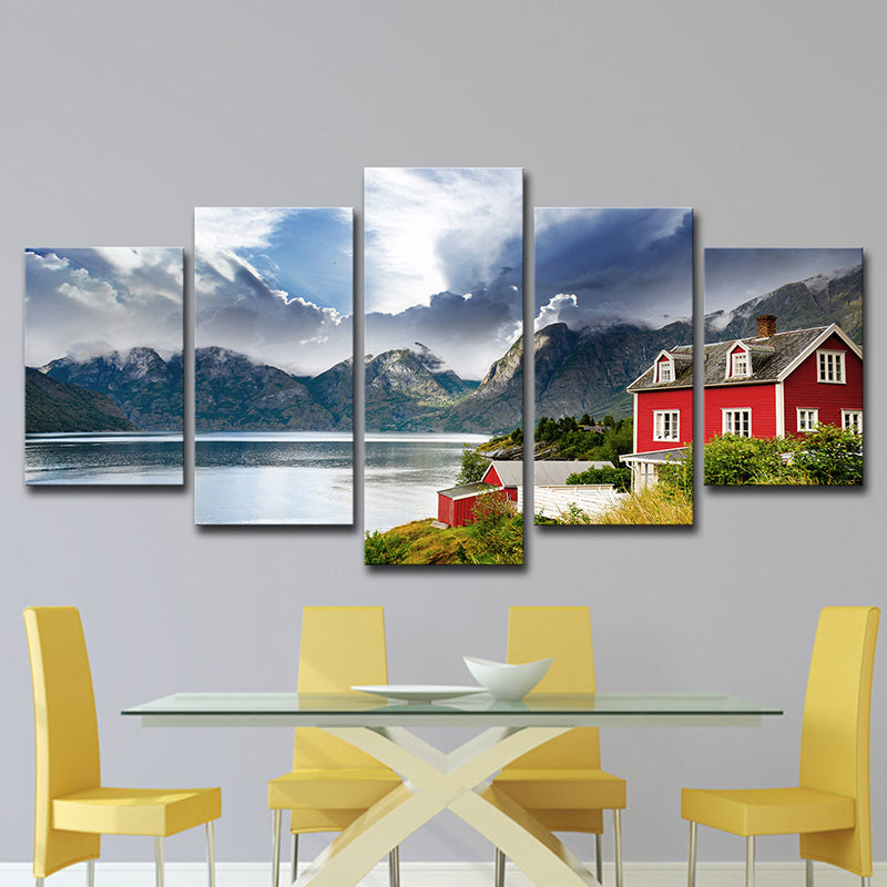 Vivolux | Norwegen Bergsee Landschaft Leinwanddruck Rote moderne Wandkunst für Schlafzimmer