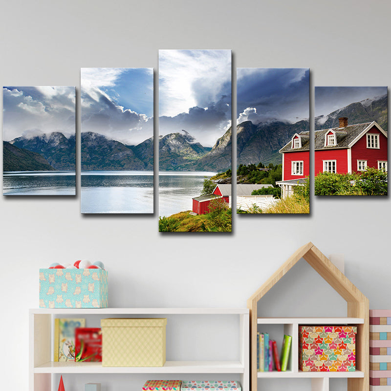 Vivolux | Norwegen Bergsee Landschaft Leinwanddruck Rote moderne Wandkunst für Schlafzimmer
