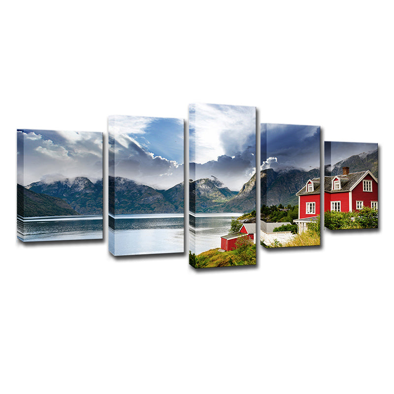 Vivolux | Norwegen Bergsee Landschaft Leinwanddruck Rote moderne Wandkunst für Schlafzimmer