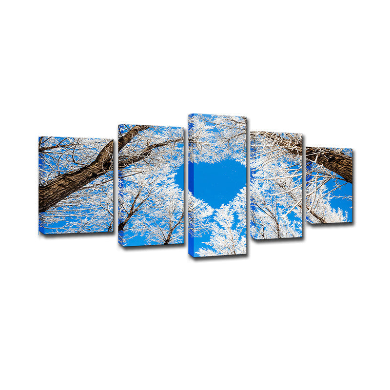 Vivolux | Nordic Winterscape Wandkunst Dekor Blauer Herzförmiger Baumzweig Leinwanddruck für das Schlafzimmer
