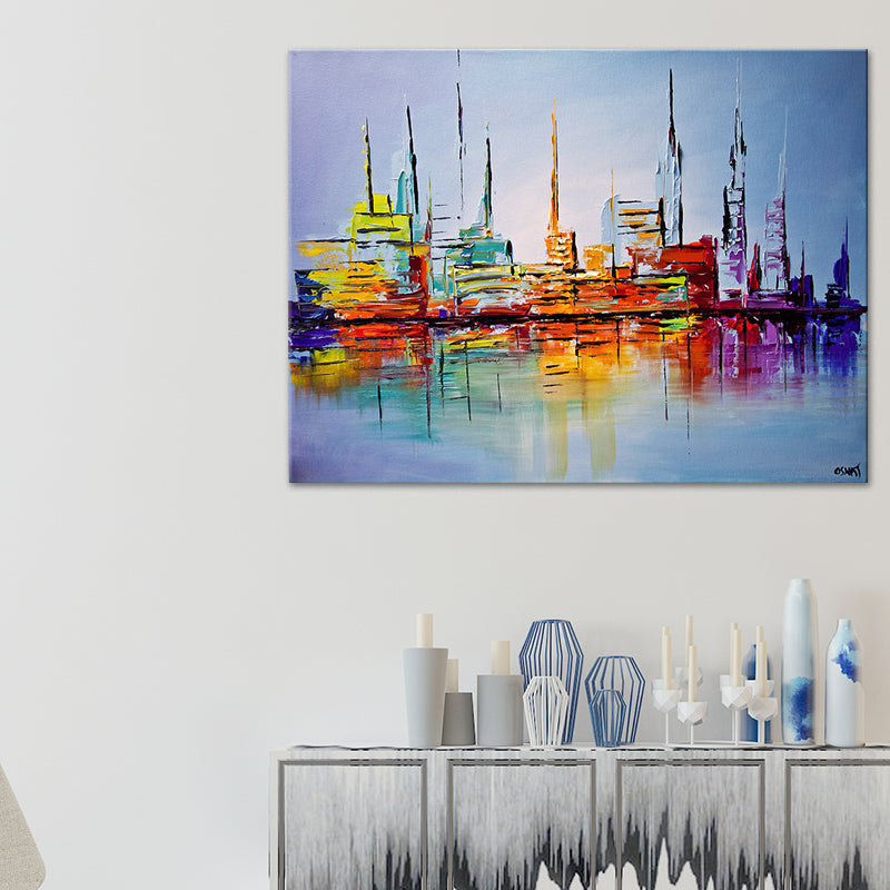 Vivolux | Skyscrapers Schilderij Hedendaagse Indrukwekkende Stadsgezicht Wandkunst Print in Oranje-Blauw