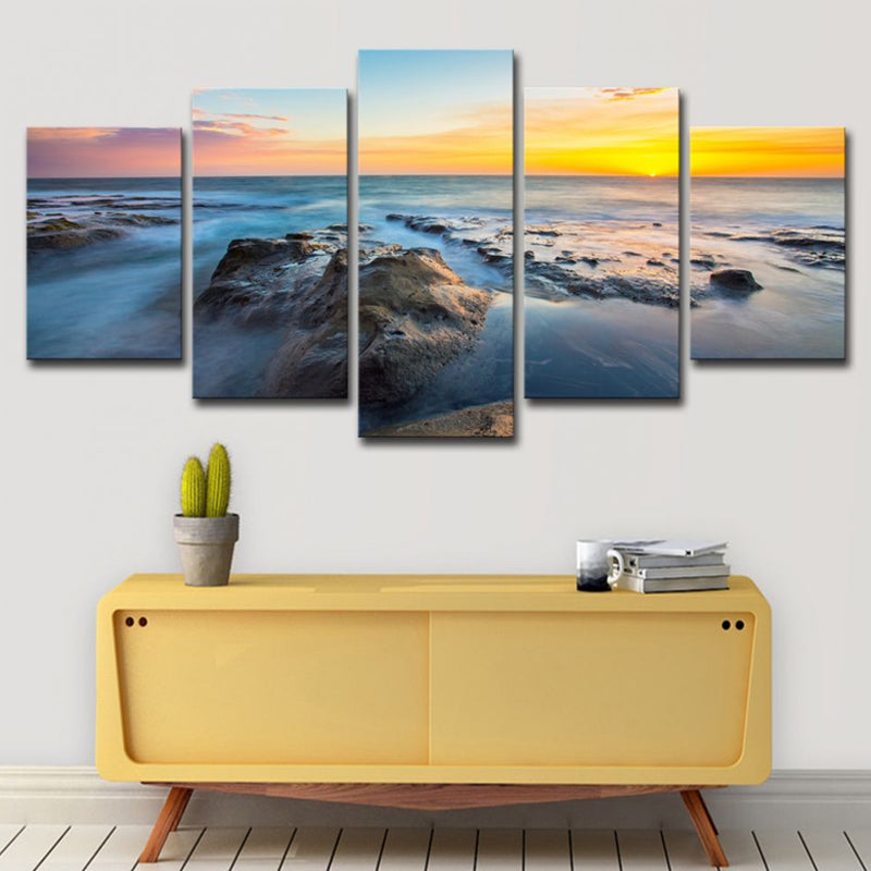 Vivolux | Tropischer Sonnenuntergang Seascape Leinwanddruck Gelb Mehrteiliges Wandkunstwerk für Zimmer