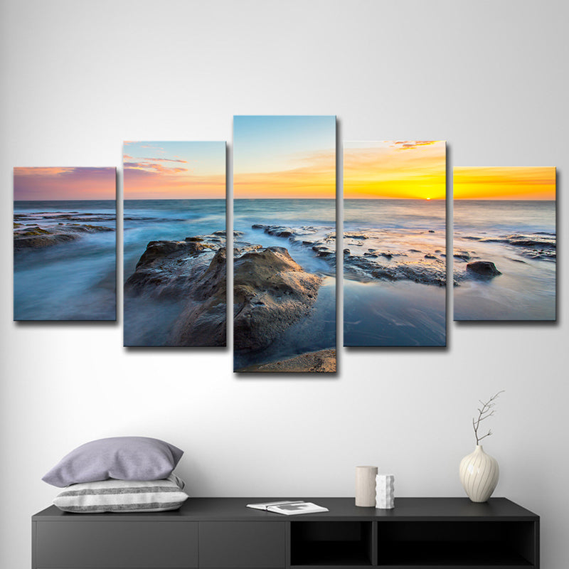 Vivolux | Tropischer Sonnenuntergang Seascape Leinwanddruck Gelb Mehrteiliges Wandkunstwerk für Zimmer