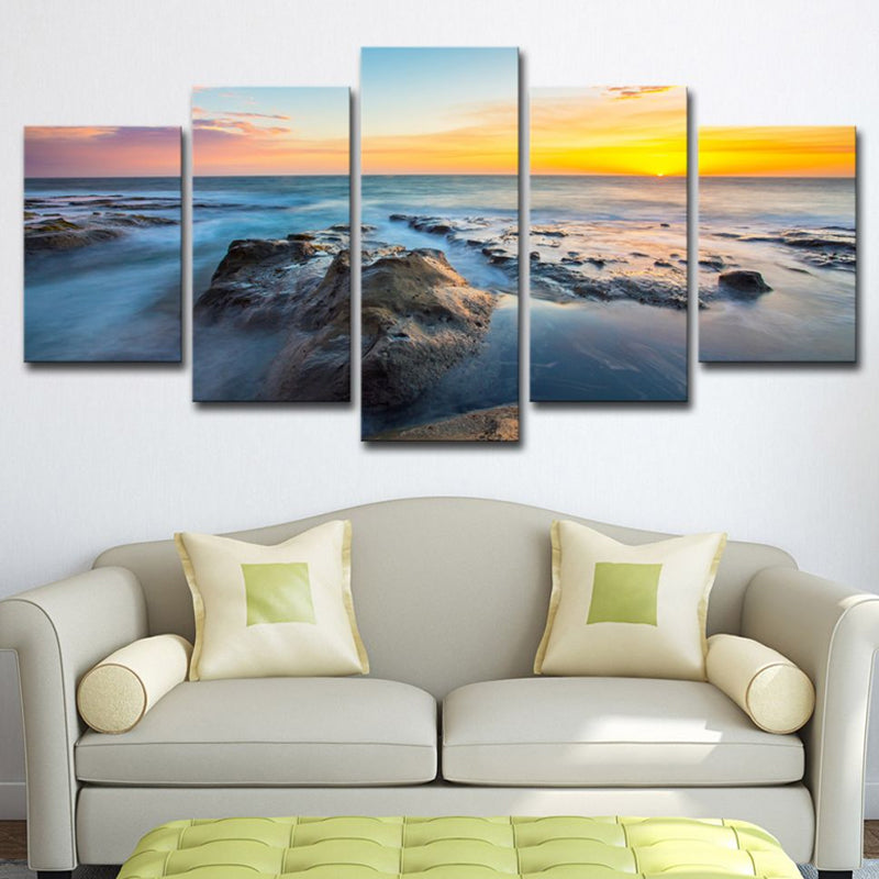 Vivolux | Tropischer Sonnenuntergang Seascape Leinwanddruck Gelb Mehrteiliges Wandkunstwerk für Zimmer