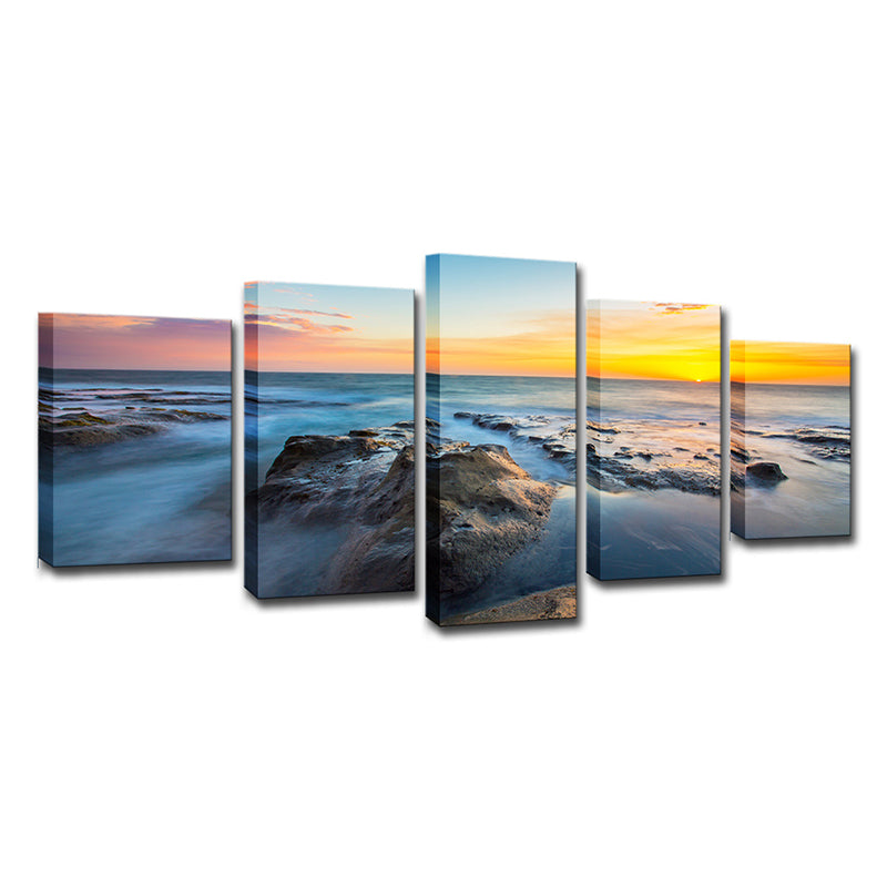 Vivolux | Tropischer Sonnenuntergang Seascape Leinwanddruck Gelb Mehrteiliges Wandkunstwerk für Zimmer
