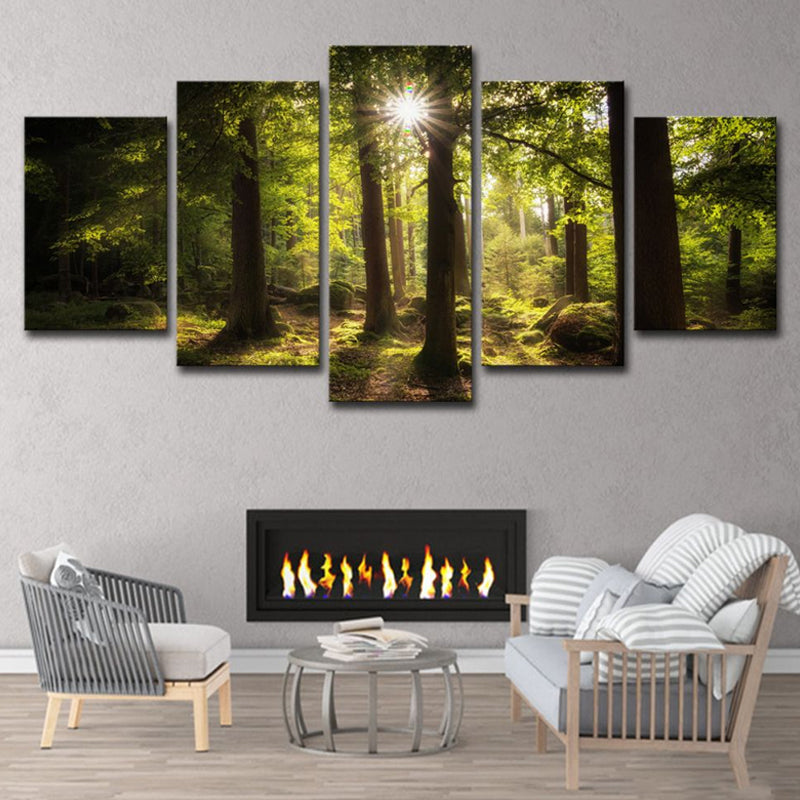 Vivolux | Zon Schijnt Door Het Bos Canvas Hedendaagse Multi-Stuk Wanddecoratie Afdruk In Groen