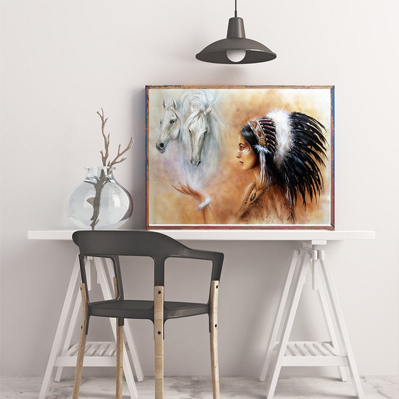Vivolux | Canvas Textuur Muurkunst Moderne Indische Vrouw und Pferd Gemälde in Orange und Weiß